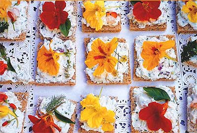 what could be simpler than crackers, cottage cheese and floweres fresh from the garden