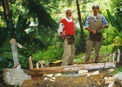Fergus & Norman at work on the trial project - concrete stairs from the railway carriage to the building site